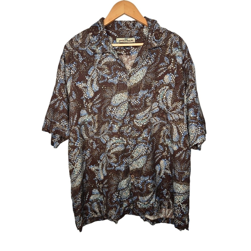 Tommy Bahama 100% Silk Camp Shirt XL Y2K Brown Blue‎ Tropical Aloha Resort Tiki